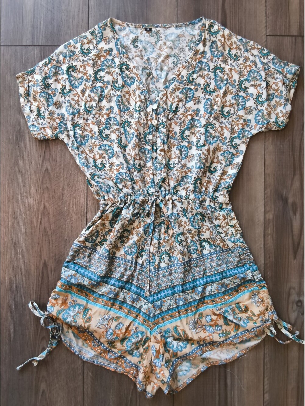Boho Paisley Floral Romper V Neck Button-down Drawstring Ruched Shorts S Cotton